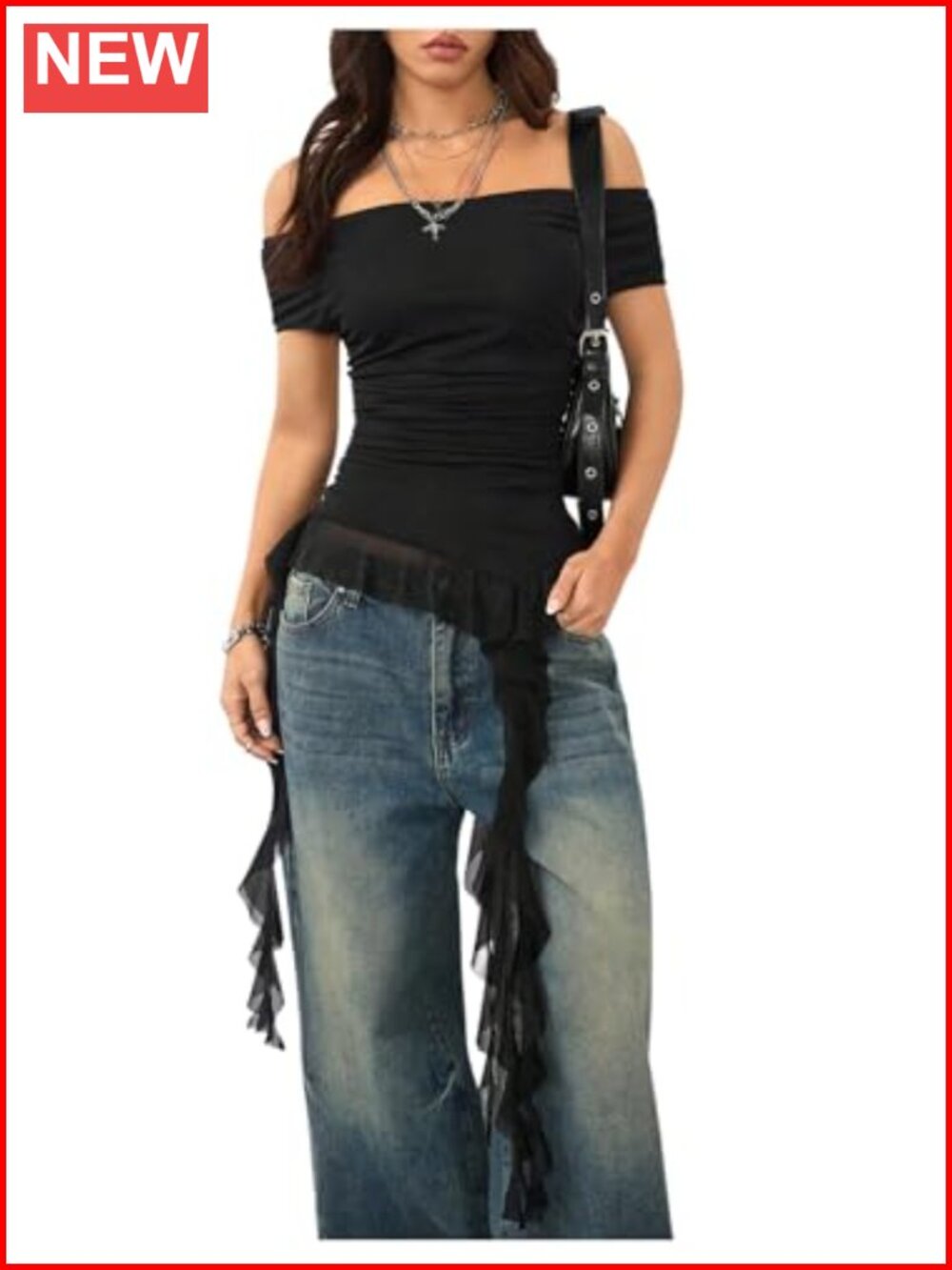 Off Shoulder Asymmetrical Hem Mesh Top Y2K Slim Fit Going Out Tee